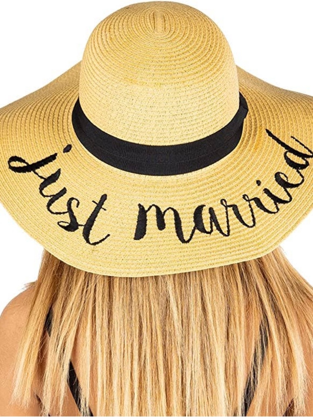 Just Married Wide Brim Straw Sun Hat with Black Band